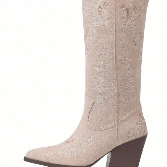 Khaki Western Women's Pointed Toe Embroidered Knee High Riding Boots - Picture 5 of 5